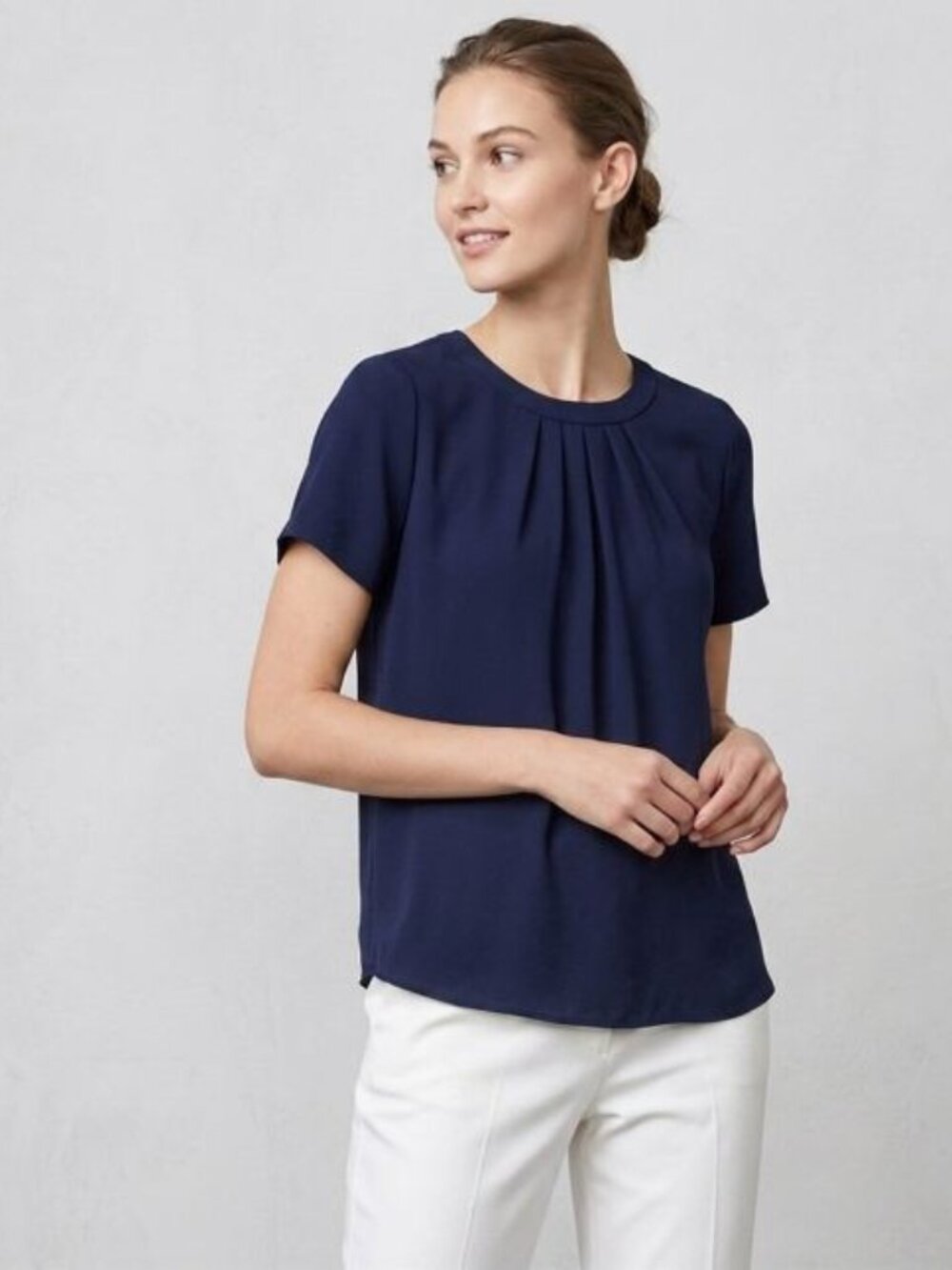 J. Crew Navy Short Sleeve Pleated Front Top Crossover Back - M